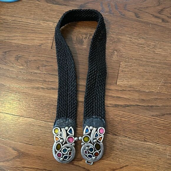 Chico’s tarnished silver multi color enamel painted black woven cord‎ belt - Picture 7 of 8